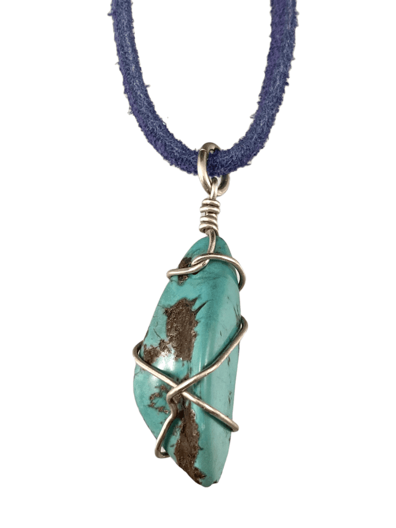 16" Turquoise Wrapped Nugget on Blue Suede Necklace