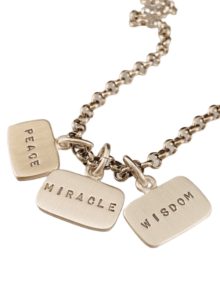 18” Sterling Silver Peace Miracle Wisdom Tag Charm Necklace