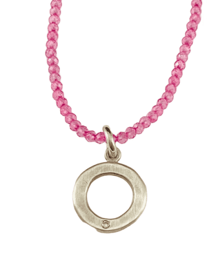 16” Faceted Pink Quartz Sterling Circle Diamond Charm Necklace