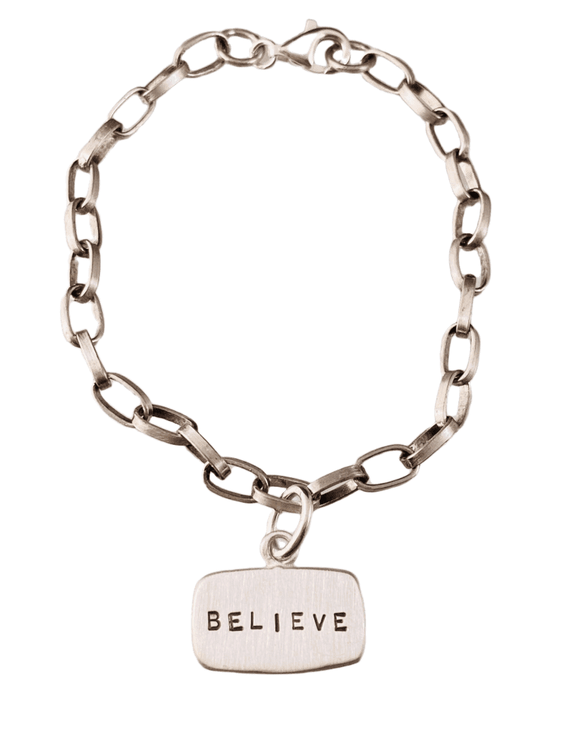 Believe Sterling Silver Tag Charm Link Bracelet
