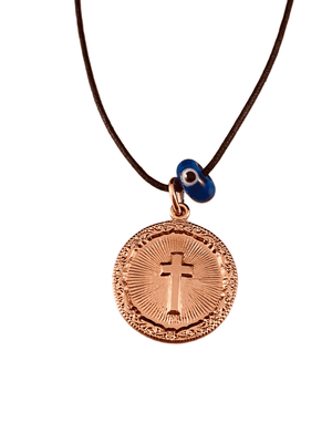 Rose Gold Miraculous Cross Medal on Black Cord with Evil Eye Necklace