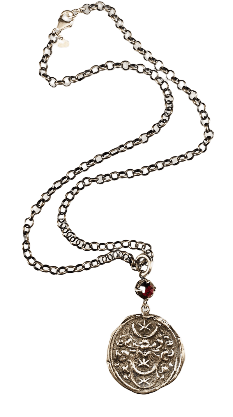 18" Sterling Silver Crest Crescent Necklace with Rose Cut Garnet