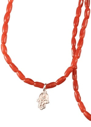 Delicate Coral Bead Bracelet with Sterling Silver Peace Eye & Hamsa Charms