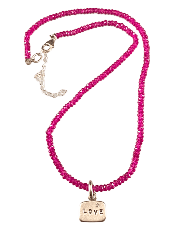 Faceted Rubellite Sterling Love & Diamond Tag Necklace