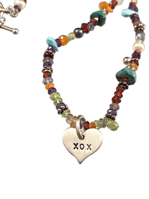 18" Multi Gemstone XOX Heart Charm Necklace