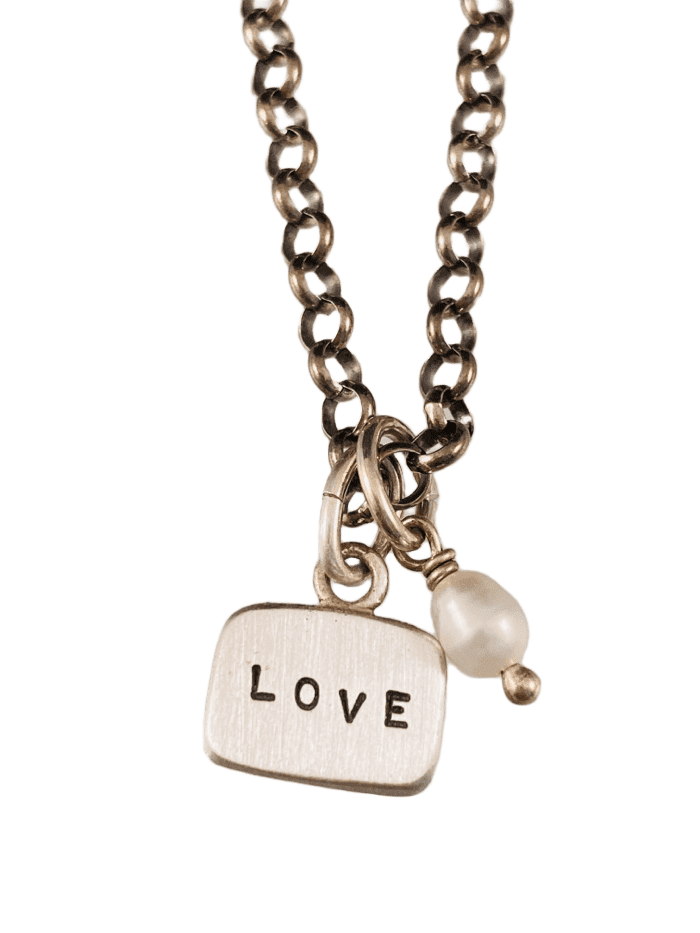 Love Sterling Silver Tag Charm Bracelet with Pearl Drop
