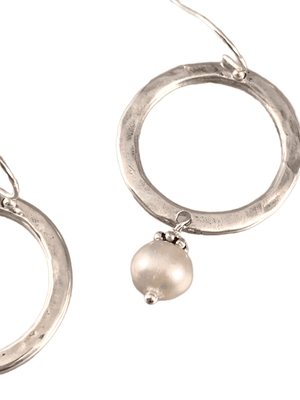 Sterling Hammered Circle Gray Pearl Drop Earrings