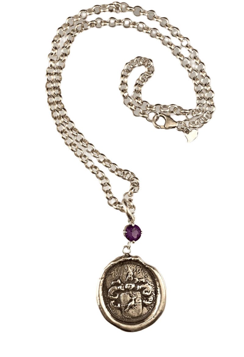 18" Sterling Silver Crest Engraved Bird Necklace with Amethyst