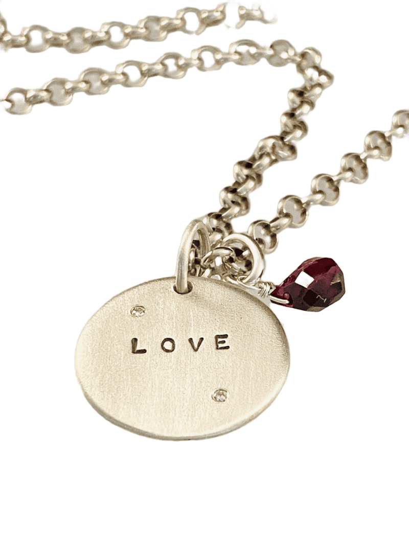 18" Sterling Love Diamond Charm Necklace with Garnet