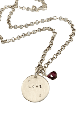 18" Sterling Love Diamond Charm Necklace with Garnet