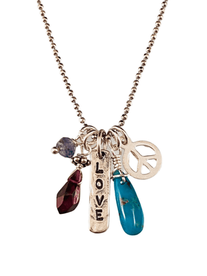 18" Love Matchstick Gem Charm Necklace Garnet Turquoise Iolite & Peace charm