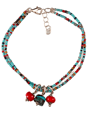 Turquoise & Coral Charm Double Strand Beaded Anklet Turquoise & Iridescent