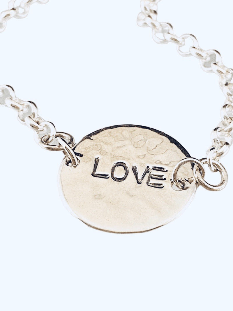 ‘Love’ Sterling Hammered Disc ID Bracelet
