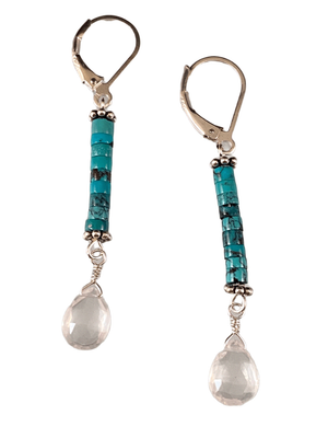 Sterling Silver Turquoise and Faceted Rose Quartz Teardrop Earrings