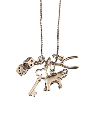 16” Lucky Charm Necklace with Dice Key Elephant and Wishbone Charms