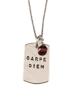 18" Carpe Diem Hammered Dog Tag Sterling Silver Necklace with Garnet