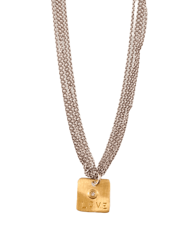 16”-18” Multi Strand Chain with 14k Gold Diamond ‘Love’ Charm Necklace