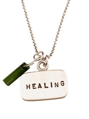 18" Sterling Silver 'Healing' Tag Necklace with Chrome Diopside Crystal
