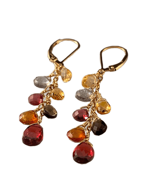 Garnet Citrine Smokey Quartz Yellow Gold Waterfall Gemstone Earrings