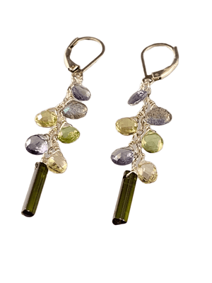 Chrome Diopside Lemon Quartz Peridot Iolite Silver Waterfall Gemstone Earrings