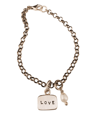 Love Sterling Silver Tag Charm Bracelet with Pearl Drop