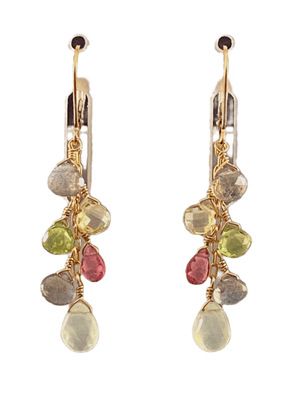 Prehnite Lemon Quartz Peridot Yellow Gold Waterfall Gemstone Earrings