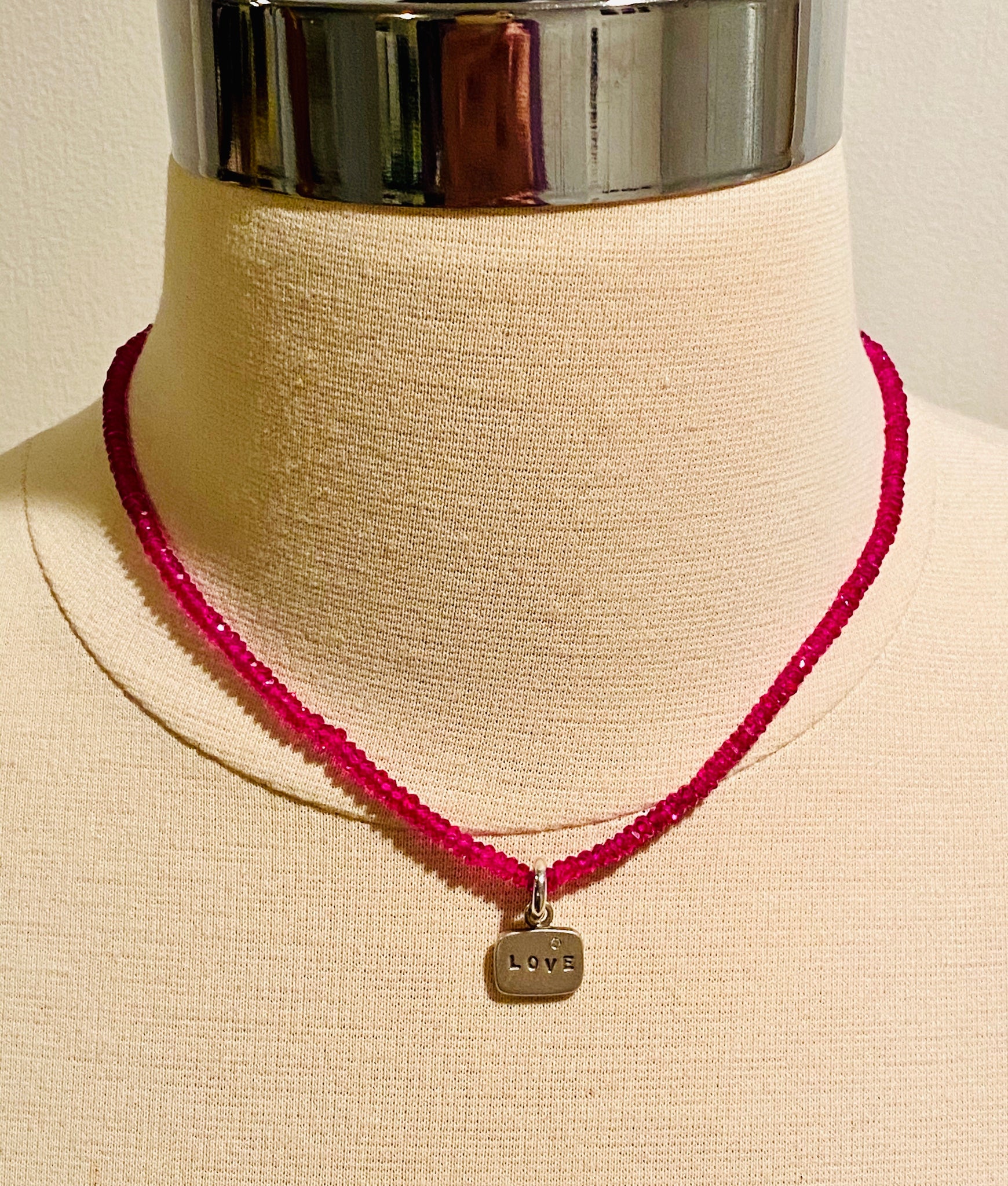 Faceted Rubellite Sterling Love & Diamond Tag Necklace