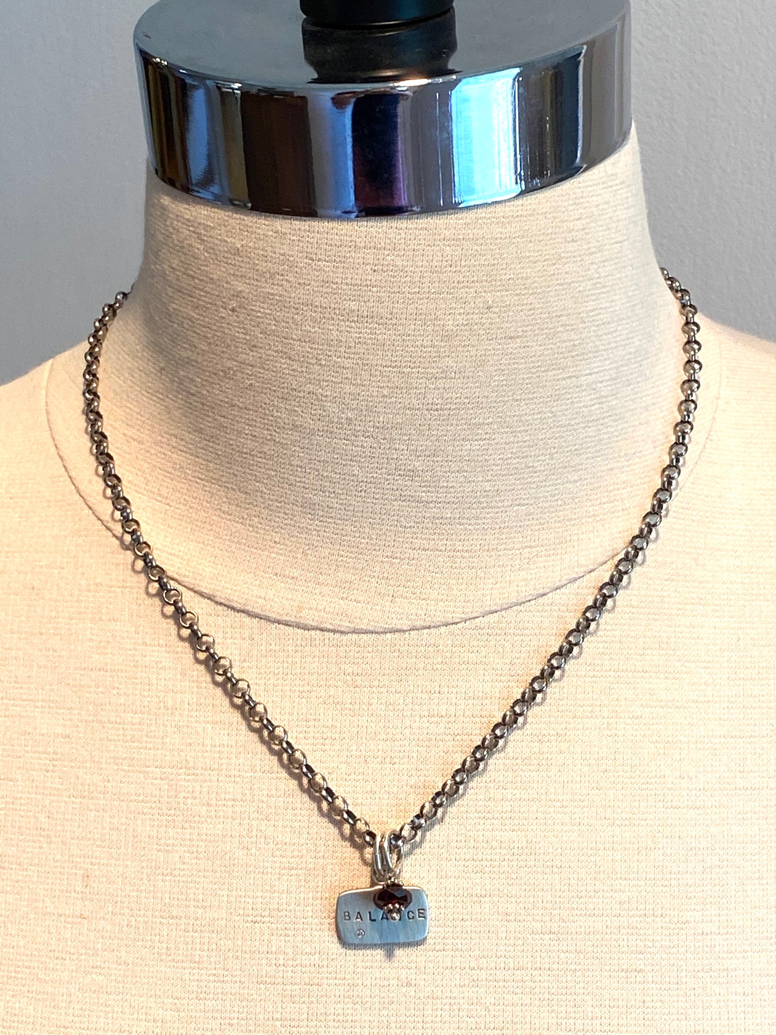 18” Sterling 'Balance' Diamond Tag Garnet Charm Necklace