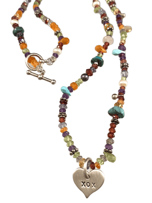 18" Multi Gemstone XOX Heart Charm Necklace