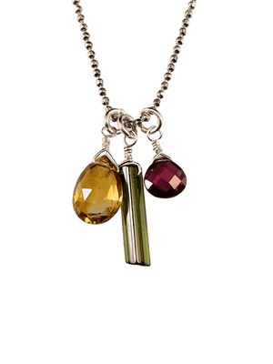 16" Sterling Silver Chrome Diopside Mini Crystal Necklace with Topaz & Garnet