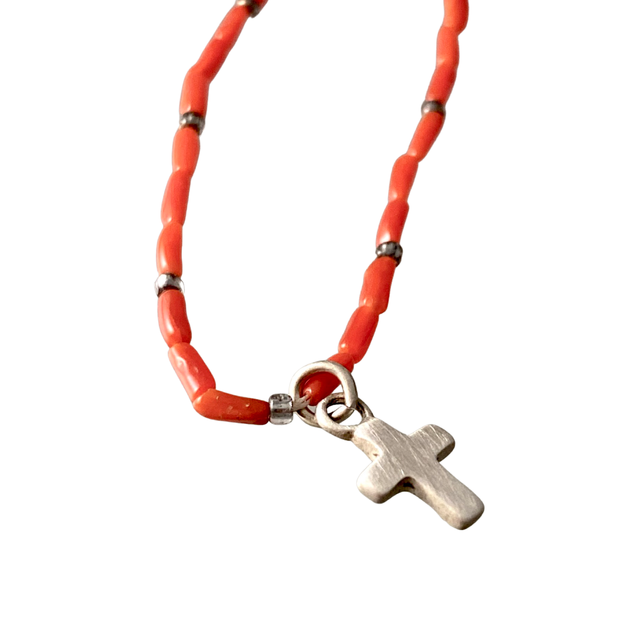 16” Beaded Coral Sterling Cross Necklace