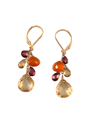 Citrine Garnet Carnelian Yellow Gold Waterfall Gemstone Earrings