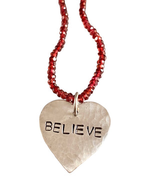 18” Sterling Believe Heart on Garnet Bead Necklace