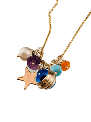 16” Yellow Gold Evil Eye Star and Gemstone Charm Necklace