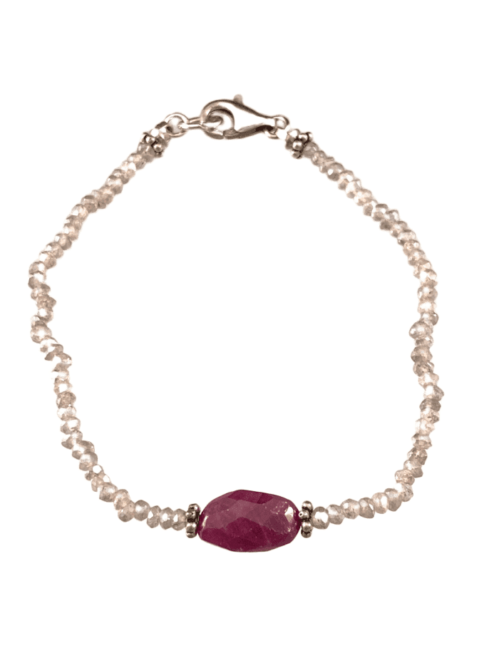 Faceted Labradorite Gemstone Bracelet with Faceted Ruby