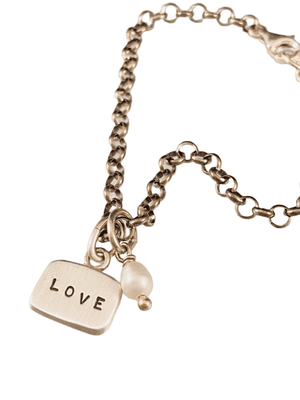 Love Sterling Silver Tag Charm Bracelet with Pearl Drop