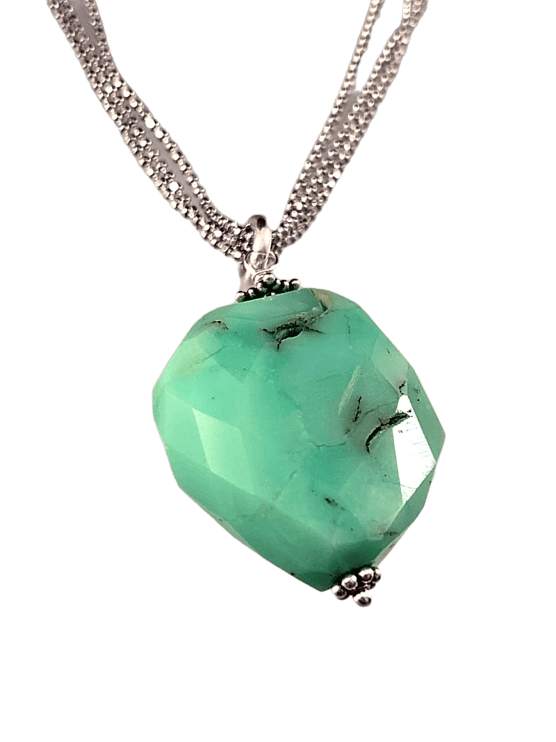 16"-18" Sterling Silver Chrysoprase Faceted Nugget Charm Necklace