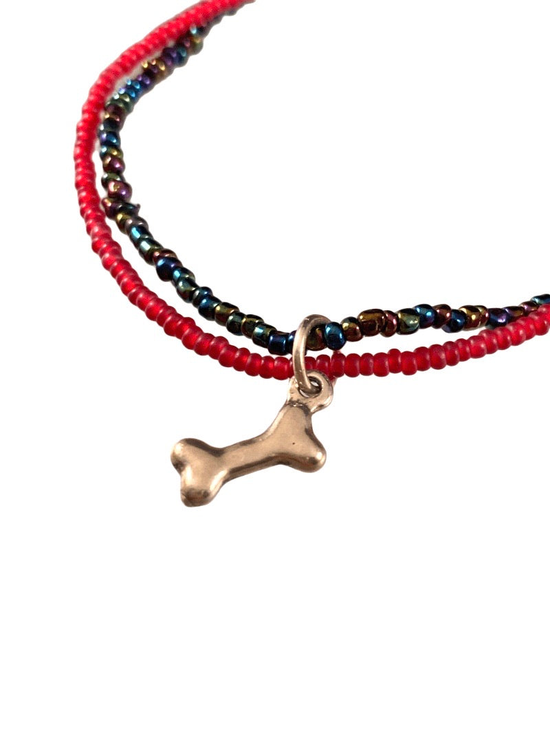 Sterling Dog Bone Charm Red Glass Double Strand Beaded Bracelet