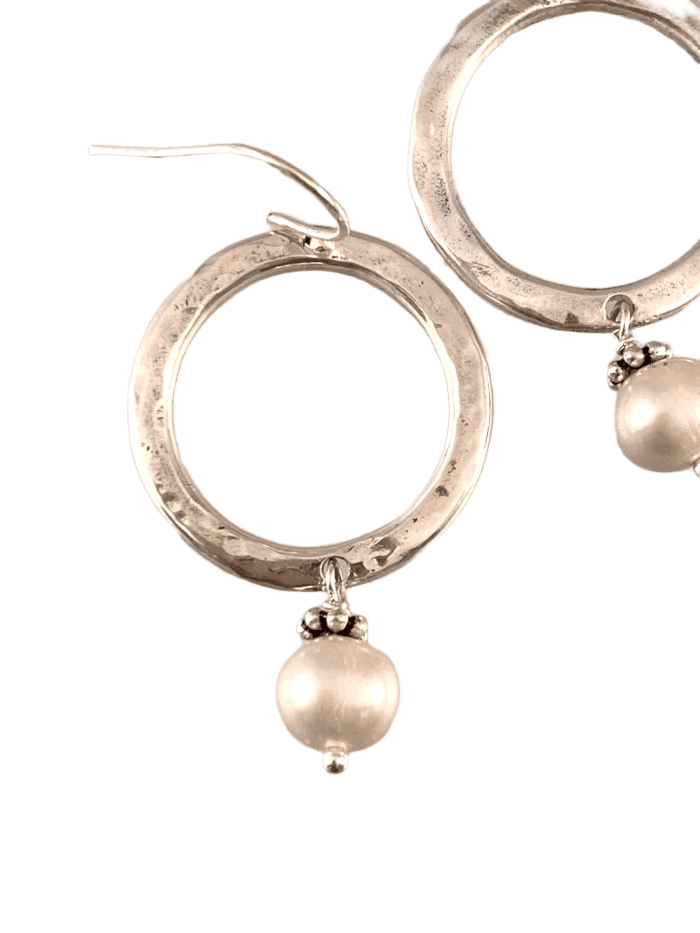 Sterling Hammered Circle Gray Pearl Drop Earrings