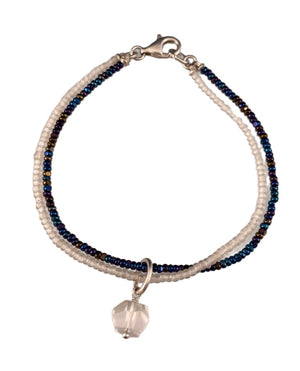 Rose Quartz Charm on White Glass Bead Double Strand Bracelet