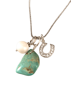 18" Sterling Silver Turquoise Charm Necklace with CZ Horse Shoe & Pearl