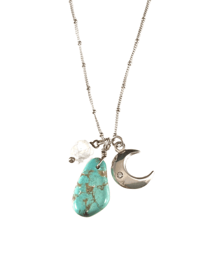 24" Crescent Moon Turquoise & Moonstone Gemstone Charm Necklace