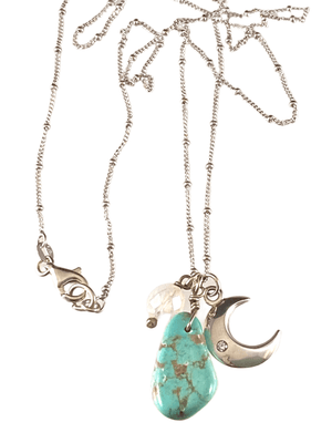 24" Crescent Moon Turquoise & Moonstone Gemstone Charm Necklace