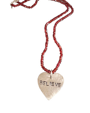 18” Sterling Believe Heart on Garnet Bead Necklace