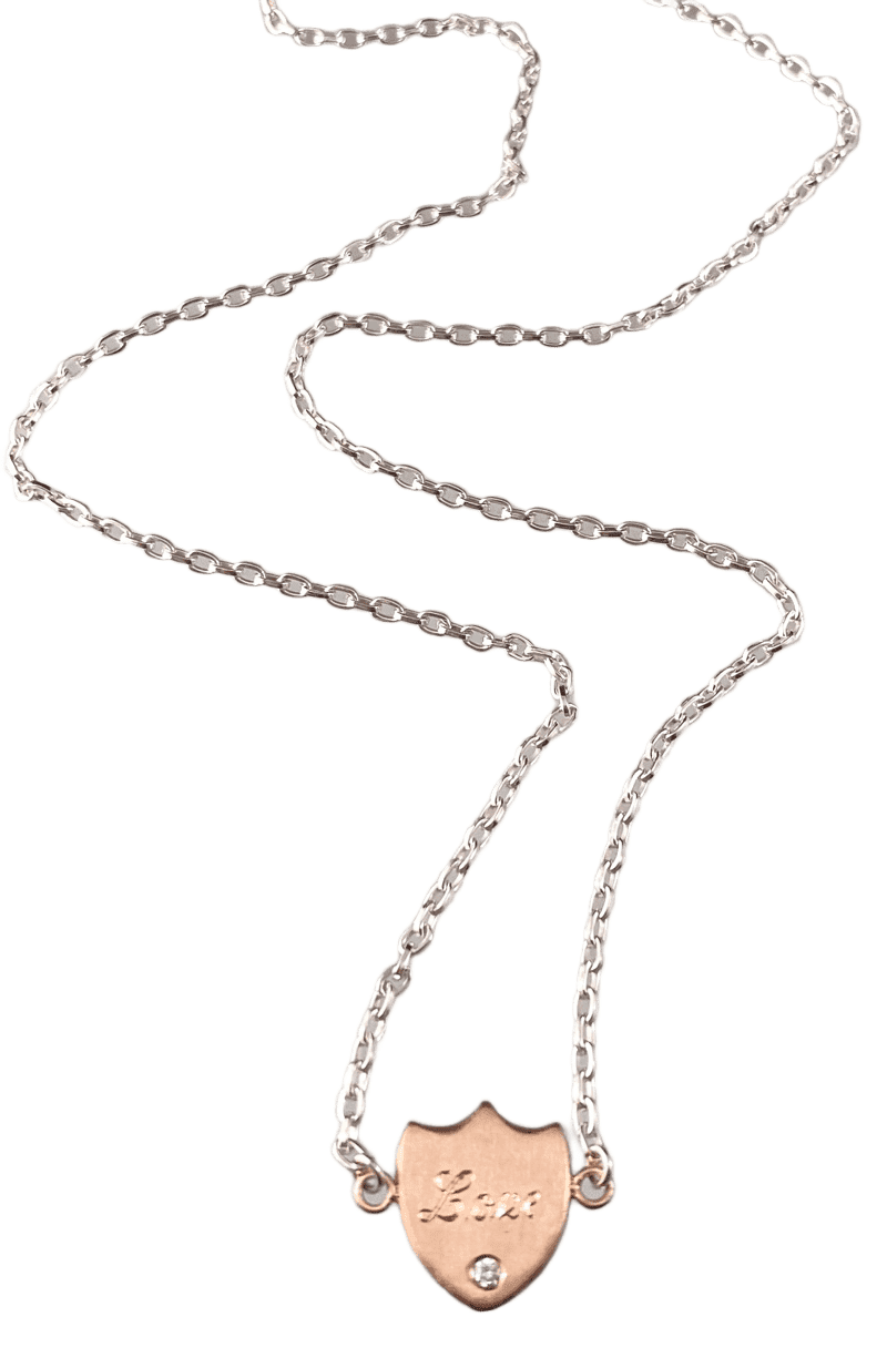 18” 18k Rose Gold 'Love' Shield Necklace with Diamond on Sterling Chain