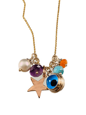 16” Yellow Gold Evil Eye Star and Gemstone Charm Necklace