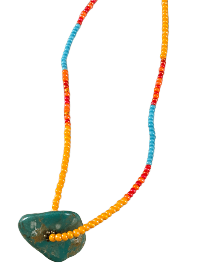 18" Mixed Sunset Glass Bead Strand Turquoise Pendant Necklace