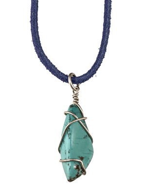16" Turquoise Wrapped Nugget on Blue Suede Necklace