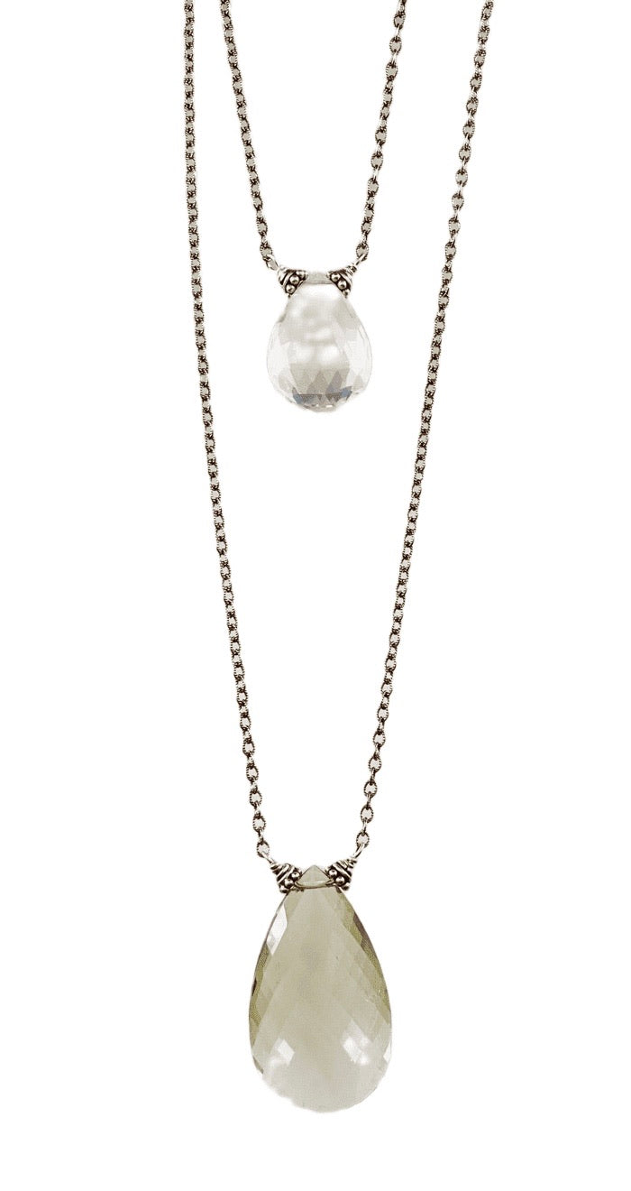 Double Strand Prehnite & Quartz Crystal Faceted Drop Necklace
