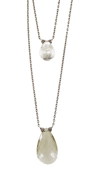 Double Strand Prehnite & Quartz Crystal Faceted Drop Necklace